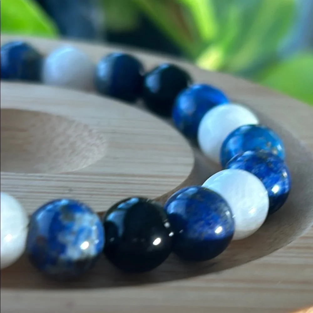 ✨ Handmade Lapis Lazuli + Moonstone + Black Obsidian Beaded Bracelet